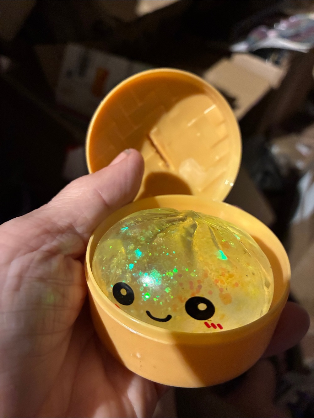 Cute squishy bun mini Yellow Sparkle Slime Capsule - Kawaii Face
